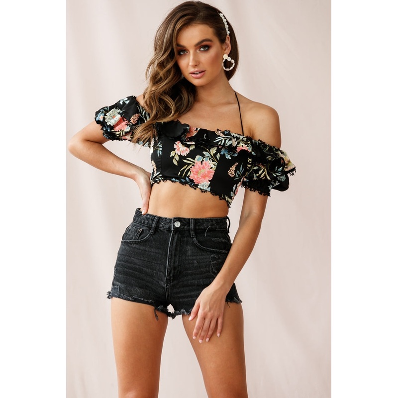 Dallas Halterneck Ruffle Sleeve Crop Top Floral Print Black