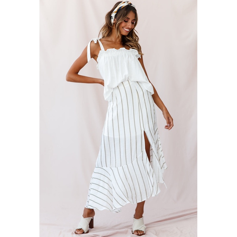 Friday Front Split Maxi Skirt Stripe Print Mustard/Navy