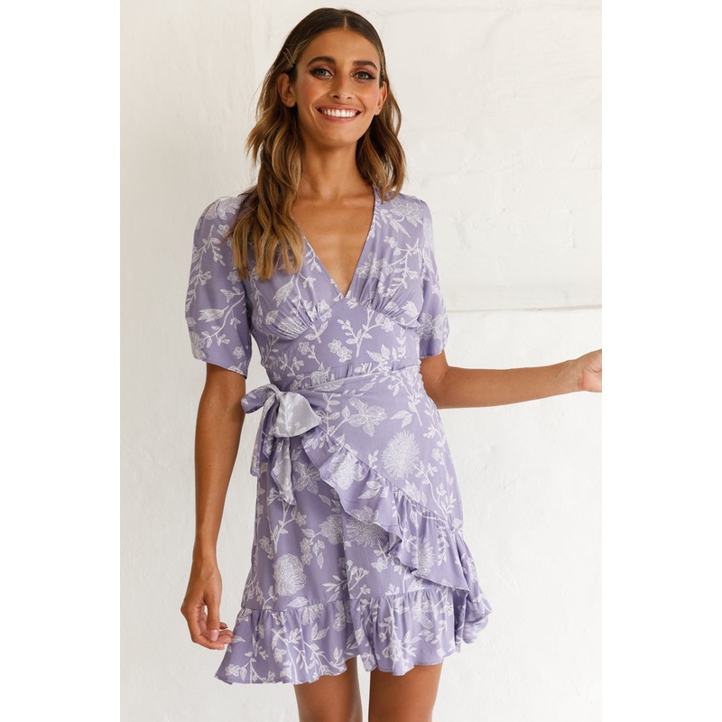Wonderland Wrap Front Tea Dress Floral Print Lavender