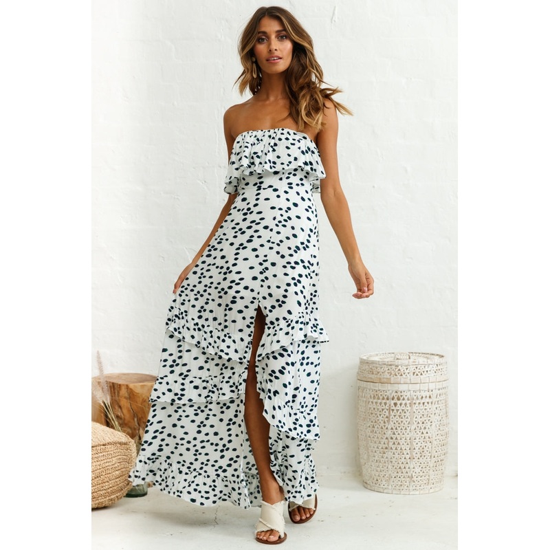 Zulu Frill Bust Front Split Maxi Dress Animal Print White