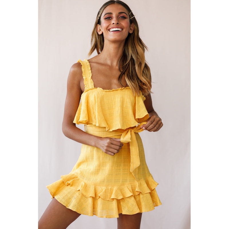 Acasia Frill Strap Ruffle Hem Dress Mustard