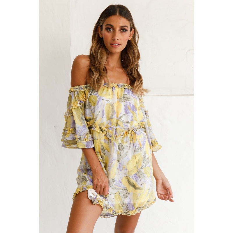 Adriel Off-Shoulder Frill Detail Dress Leaf Print White/Yellow