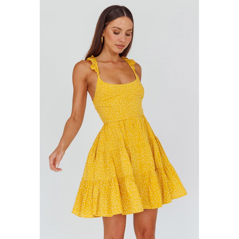 Allegra Fluted Hem Lace-Up Back Dress Yellow