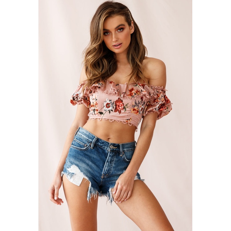 Dallas Halterneck Ruffle Sleeve Crop Top Floral Print Rose