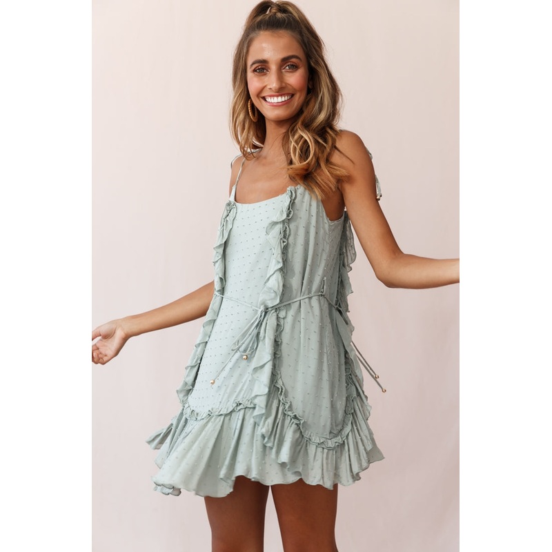 Wish Fluted Hem Lace-up Back Dress Olive