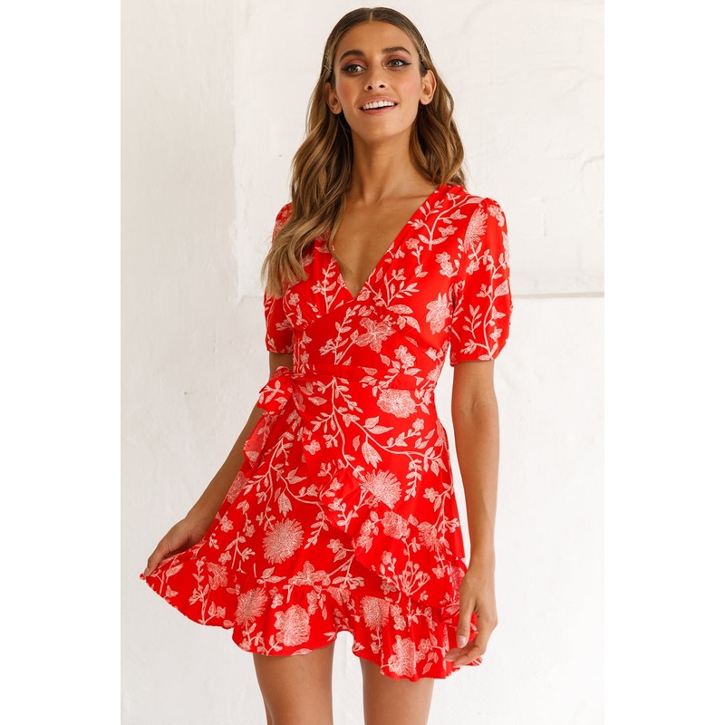Wonderland Wrap Front Tea Dress Floral Print Red