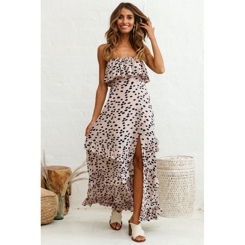 Zulu Frill Bust Front Split Maxi Dress Animal Print Mocha