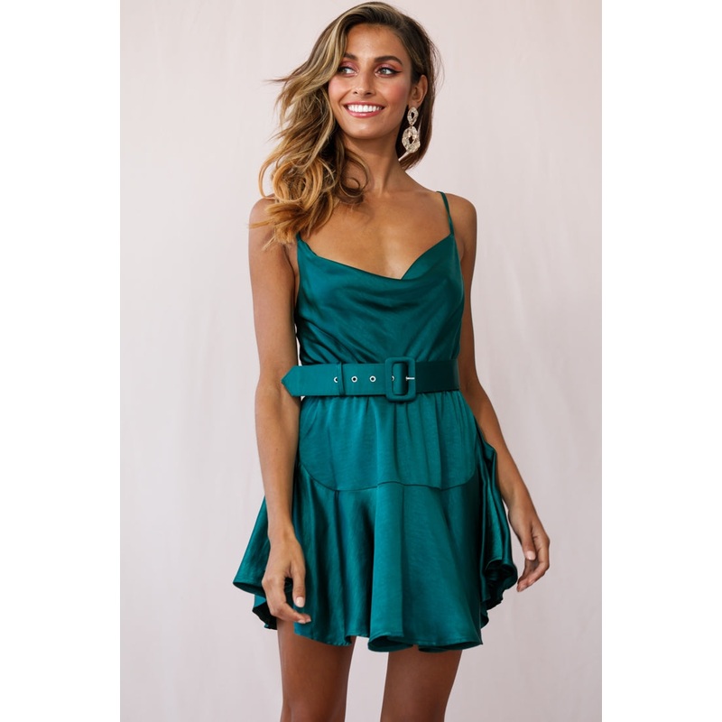 Agent 99 Belted Satin Cowl Neck Dress Forest Green