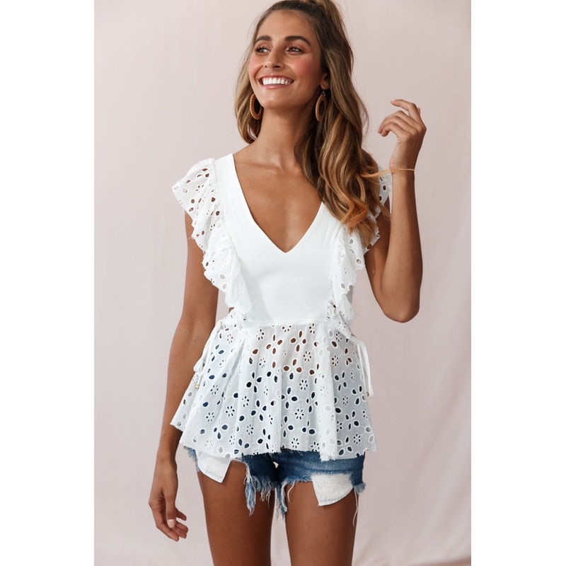 Shekinah Eyelet Embroidery Side-Tie Top White