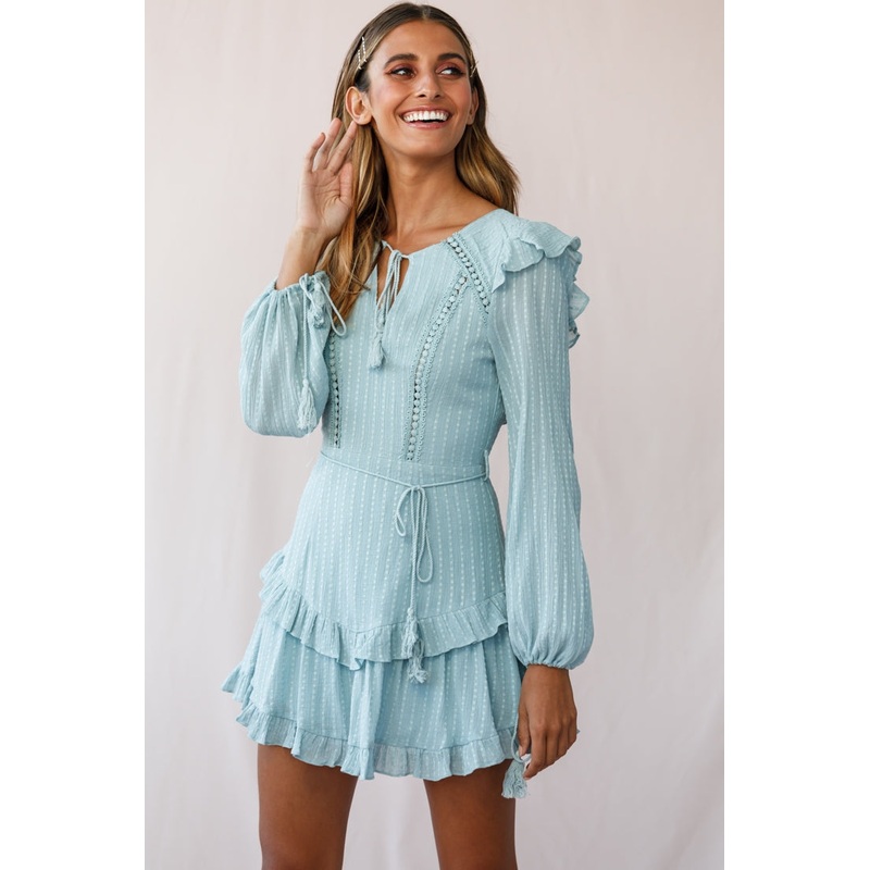 Yours Truly Bell Sleeve Ruffle Dress Sage