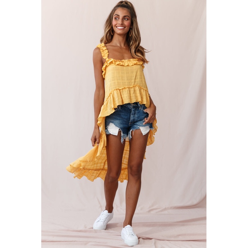 Jacinta High-Low Ruffle Strap Top Mustard