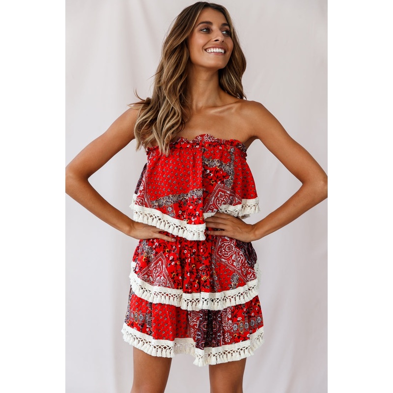 Palau Tassel-Trimmed Paisley Crop Top Red