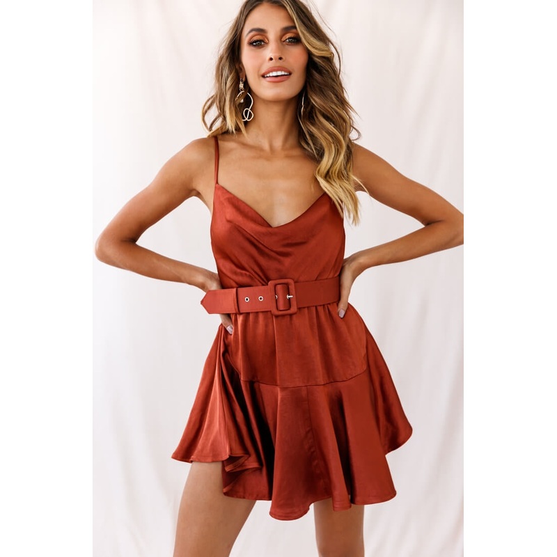Agent 99 Belted Satin Cowl Neck Dress Brown