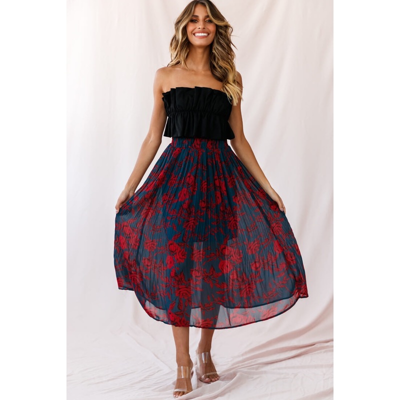 Caroline Accordion Pleat Midi Skirt Forest Green/Red