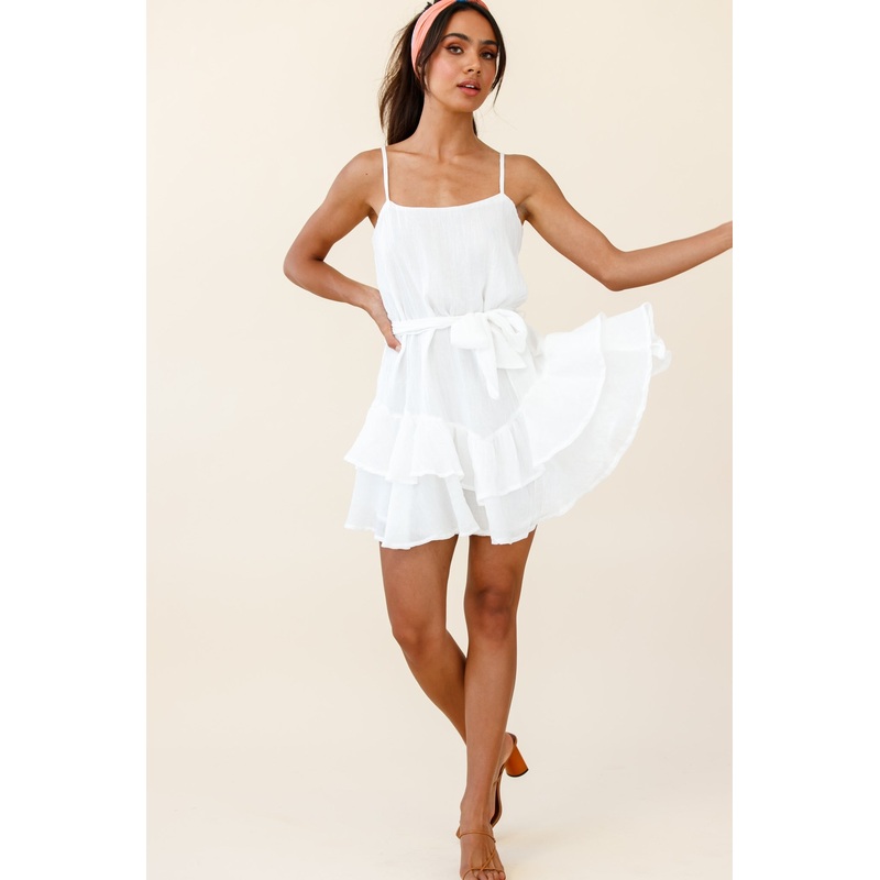 Wilshire Tiered Ruffle Hem Spaghetti Strap Dress White