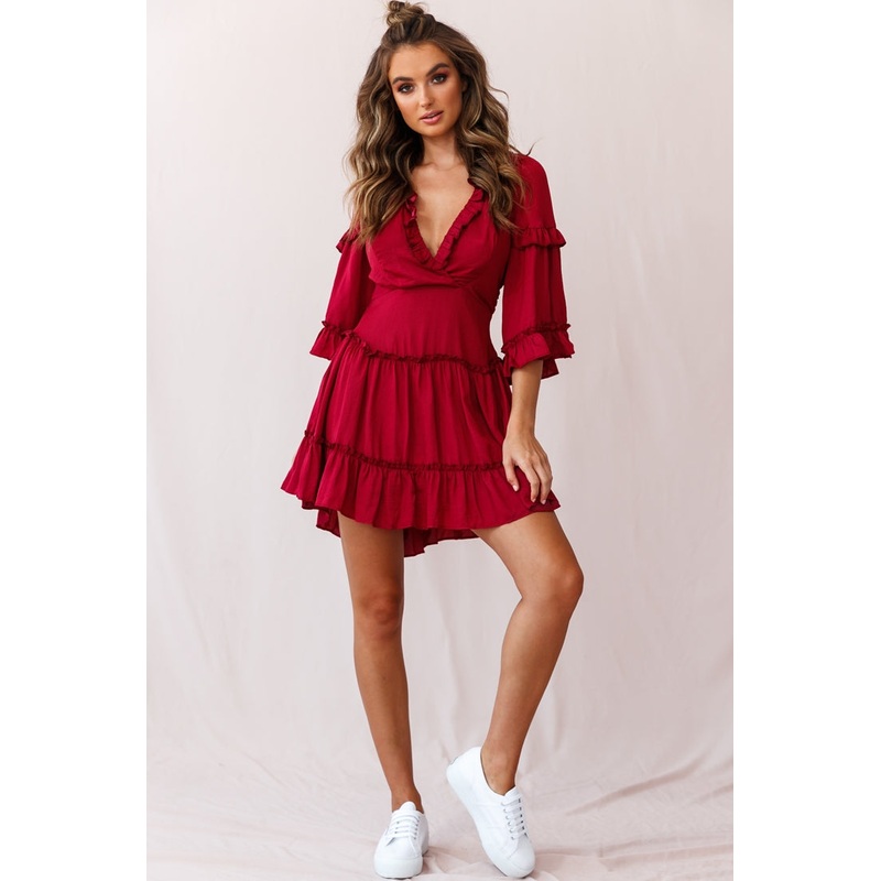 Albany Bell Sleeve Frill Dress Wine