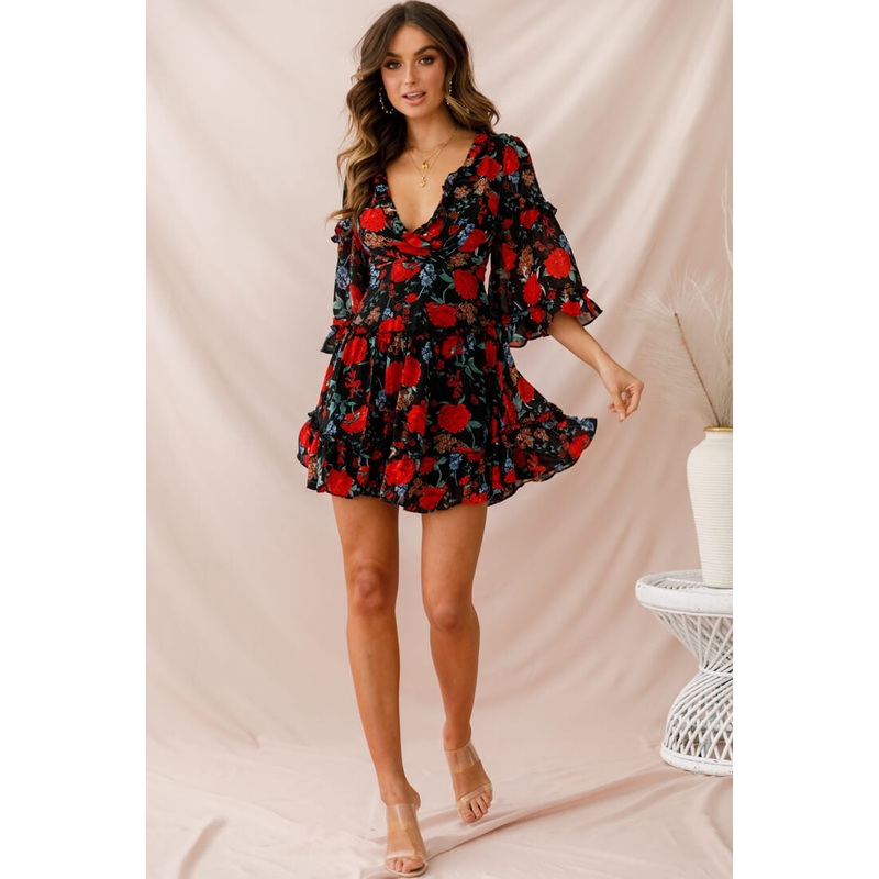 Albany Lace Up Back Frill Dress Black/Red