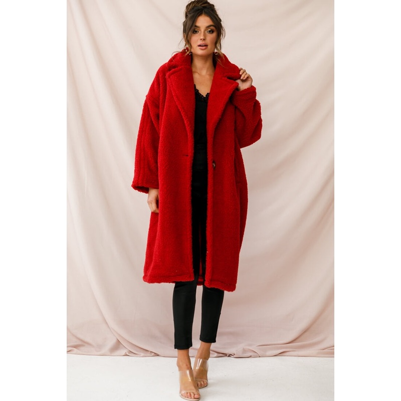 Berlin Notched Lapel Longline Fleece Coat Red