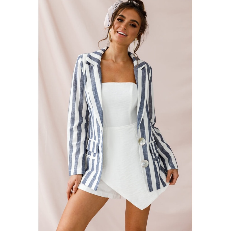 Hamptons Striped Notched Lapel Jacket Blue