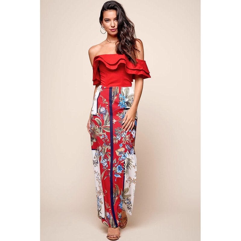 Paradise Side Split Maxi Skirt Red