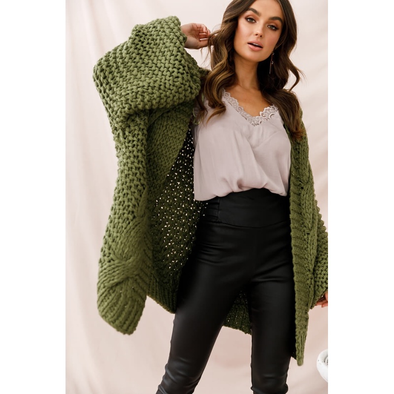 Vermont Oversized Garter Knit Cardigan Olive