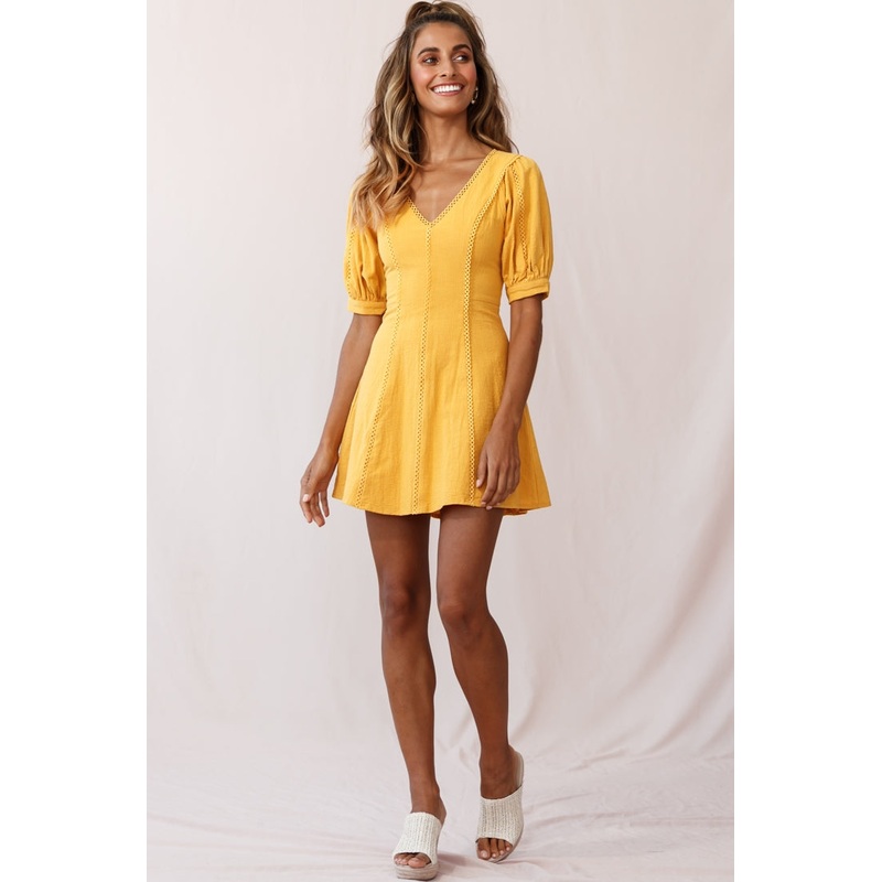 Ally Half Sleeve A-Line Dress Mustard