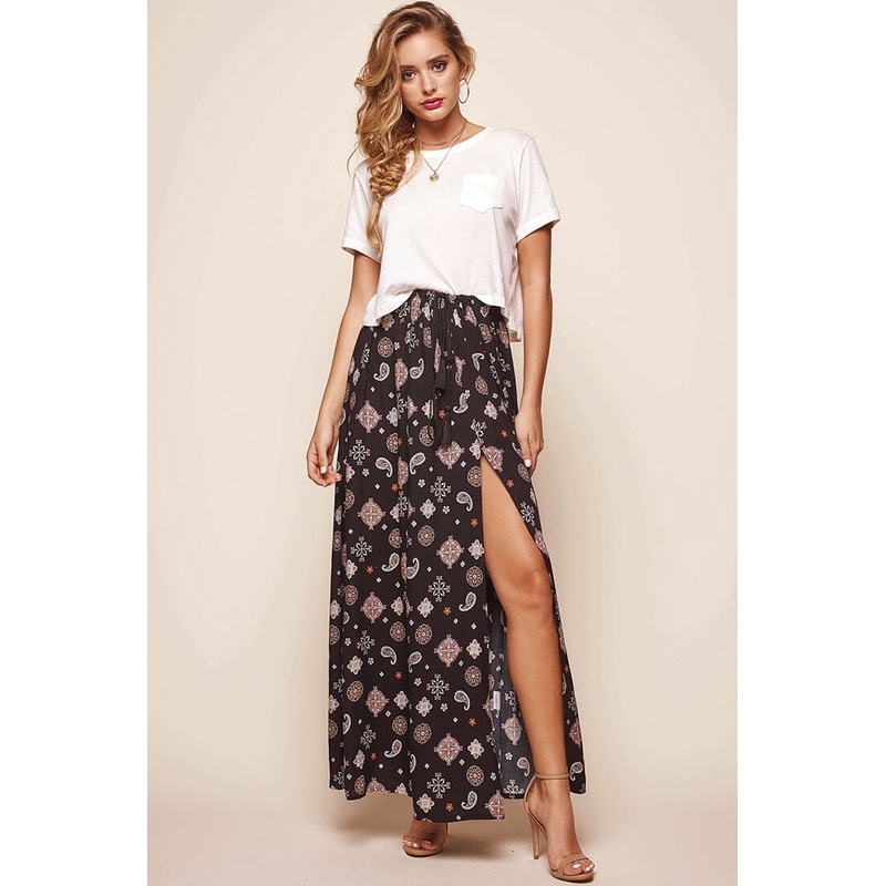 Paisley Split Maxi Skirt Black