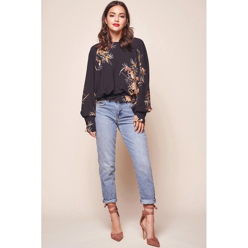 Alejandra Floral Print Bat Sleeve Top Black