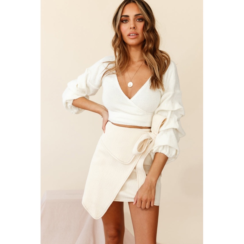 Morais Ruched Sleeve Sweater Crop Top Off White