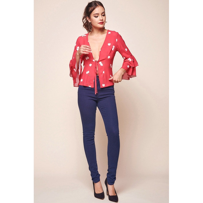 Robbi Cherry on Top Deep V Bell Sleeved Top Red