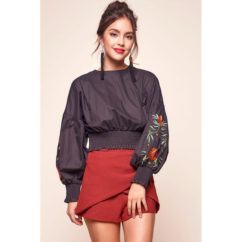 Halle Floral Puff Sleeved Cropped Top Black