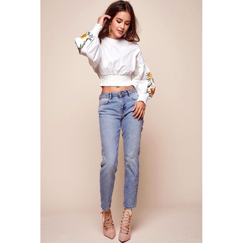 Halle Floral Puff Sleeved Cropped Top White
