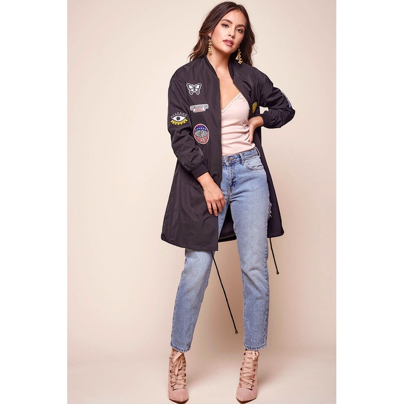 Harlan Long Patchwork Bomber Jacket Black