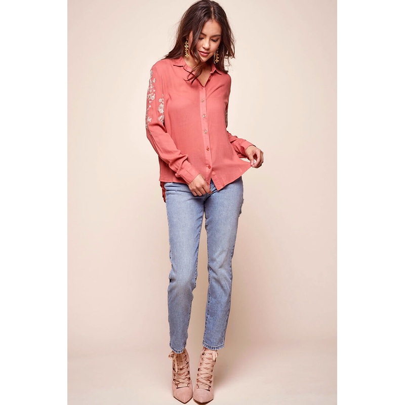 Issa Floral Sleeved Button Up Top Rust