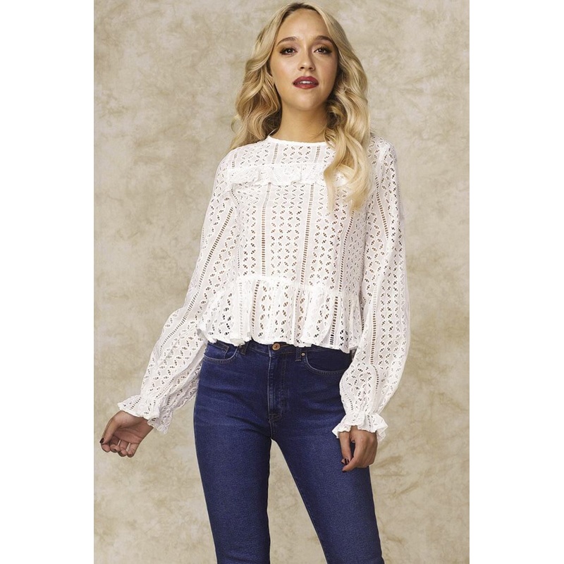 Gwendoline Mesh Long Sleeved Ruffled Shirt White