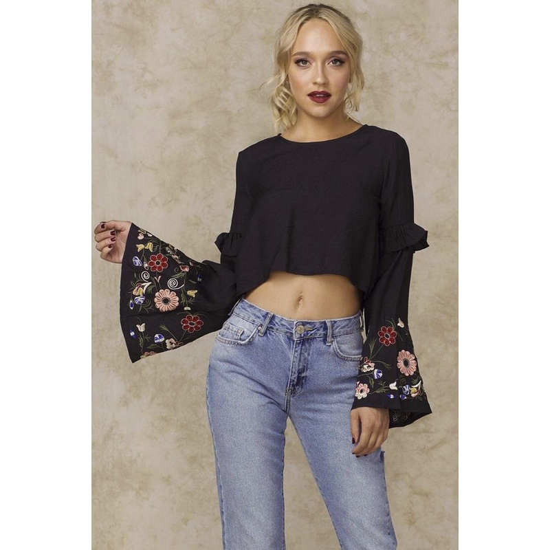 Normani Floral Bell Sleeved Crop Top Black