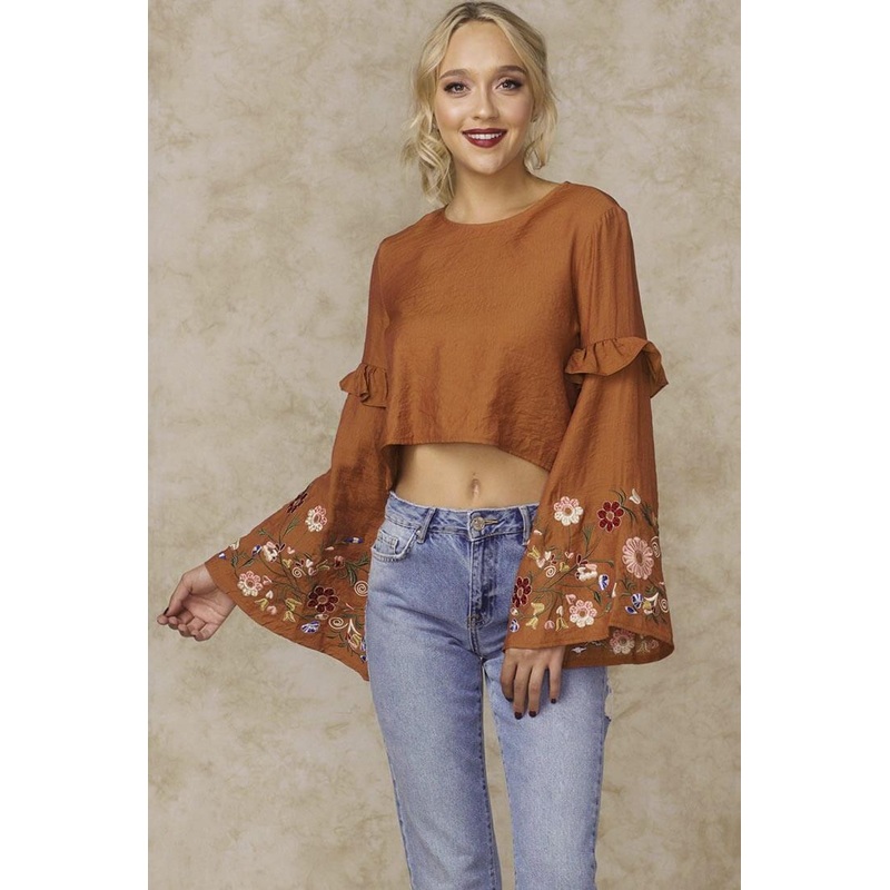Normani Floral Bell Sleeved Crop Top Orange
