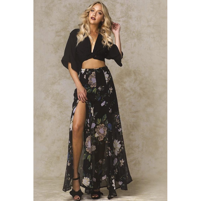Riley High Slit Button Up Skirt Black