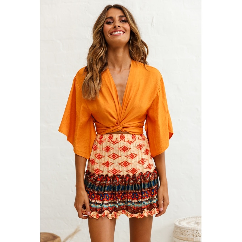 Rivera Deep V Waist Tie Top Tan