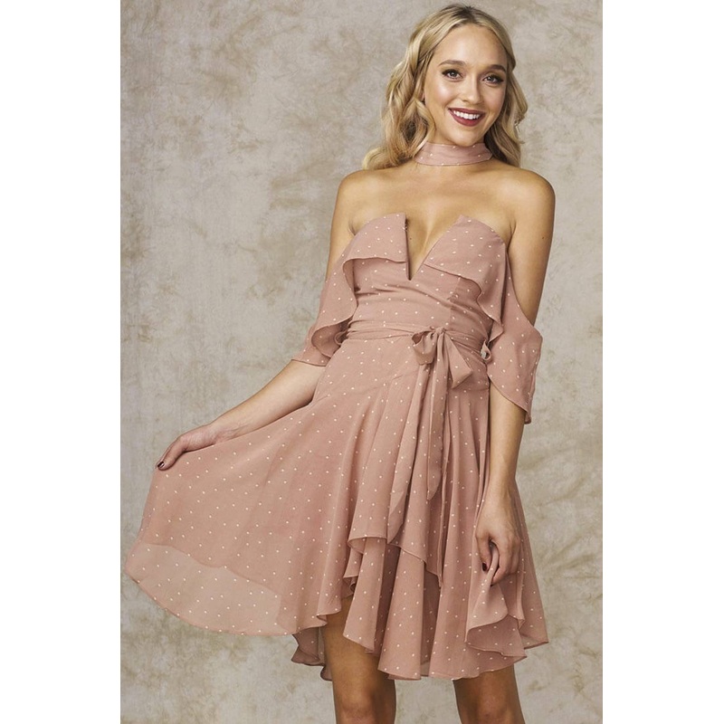 Whitney Deep V Polka Dot Dress Mocha