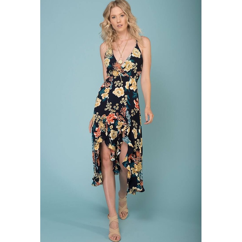 Adalynn Hi Low Deep V Floral Midi Dress Navy