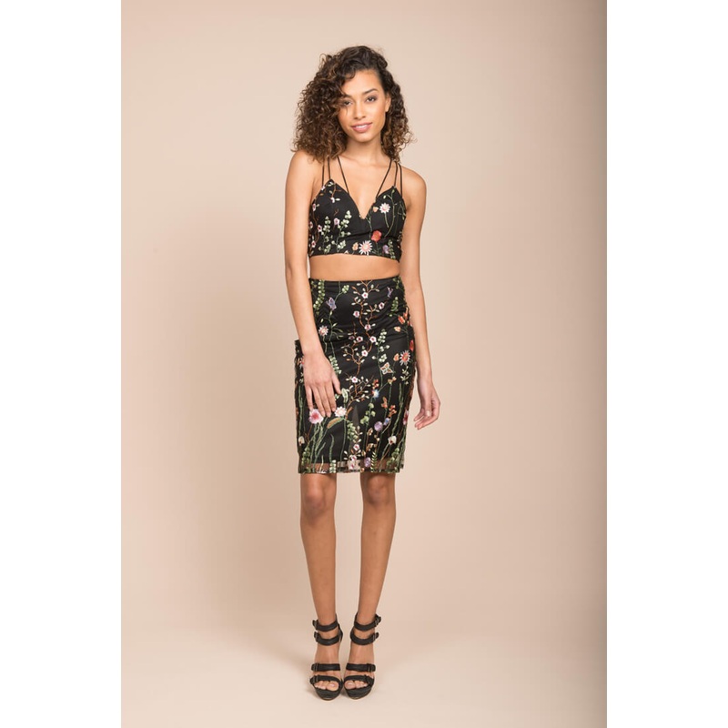 Halston Crop Top and Skirt Set Black