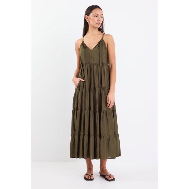 Affair Olive Strappy Tiered Maxi Dress