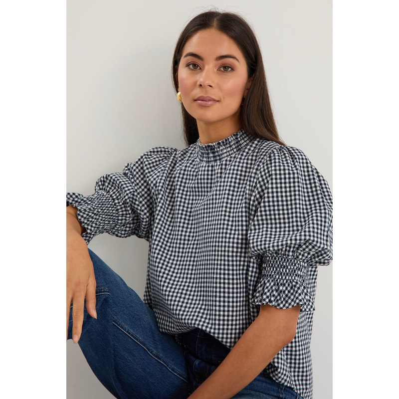 Affection Navy Gingham High Neck Top