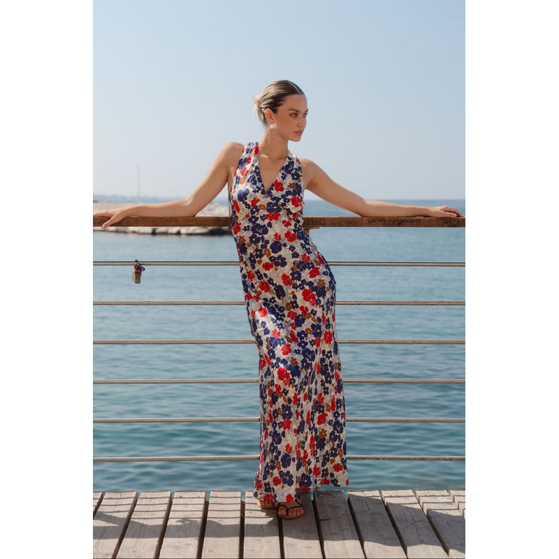 Aston Blue Red Poppy Satin Bias Flared Maxi Dress