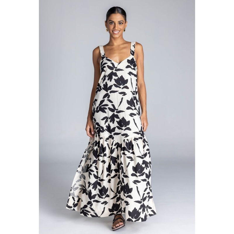 Break Your Heart Ivory Black Floral Cotton Linen Strappy Maxi Dress