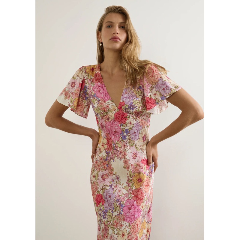 Calais Pink Floral V Neck Flutter Sleeve Midi Dress