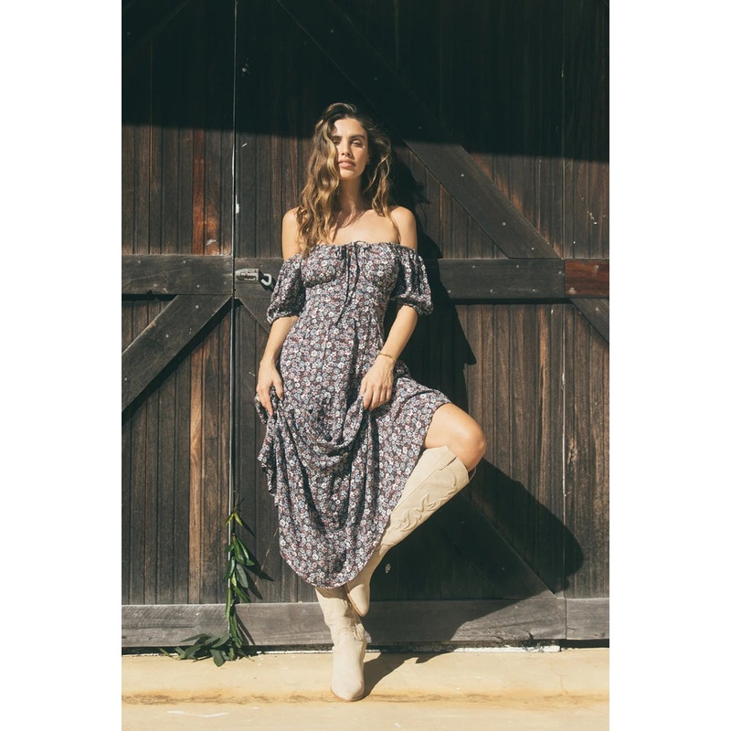 Carrie Deep Purple Floral Puff Sleeve Maxi Dress