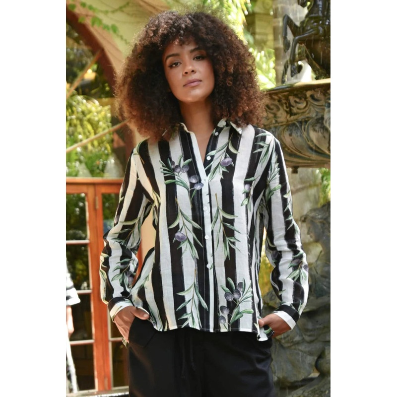 Easy Breezy Black Striped Olive Print Shirt