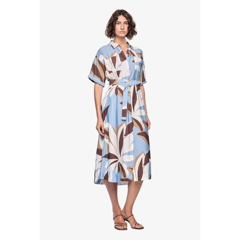 Maeve Blue Resort Print Short Sleeve Midi Shirt Dress